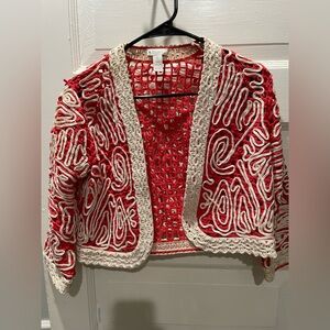 Chico's Red and Cream Open-Front Bolero Cardigan, Chicos size 0, Small